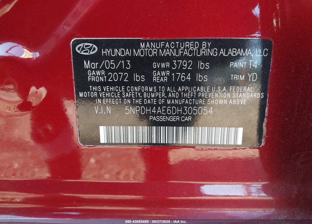 2013 HYUNDAI ELANTRA GLS VIN: 5NPDH4AE6DH305054