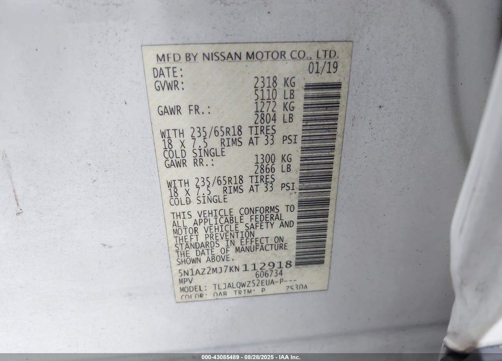 2019 NISSAN MURANO VIN: 5N1AZ2MJ7KN112918
