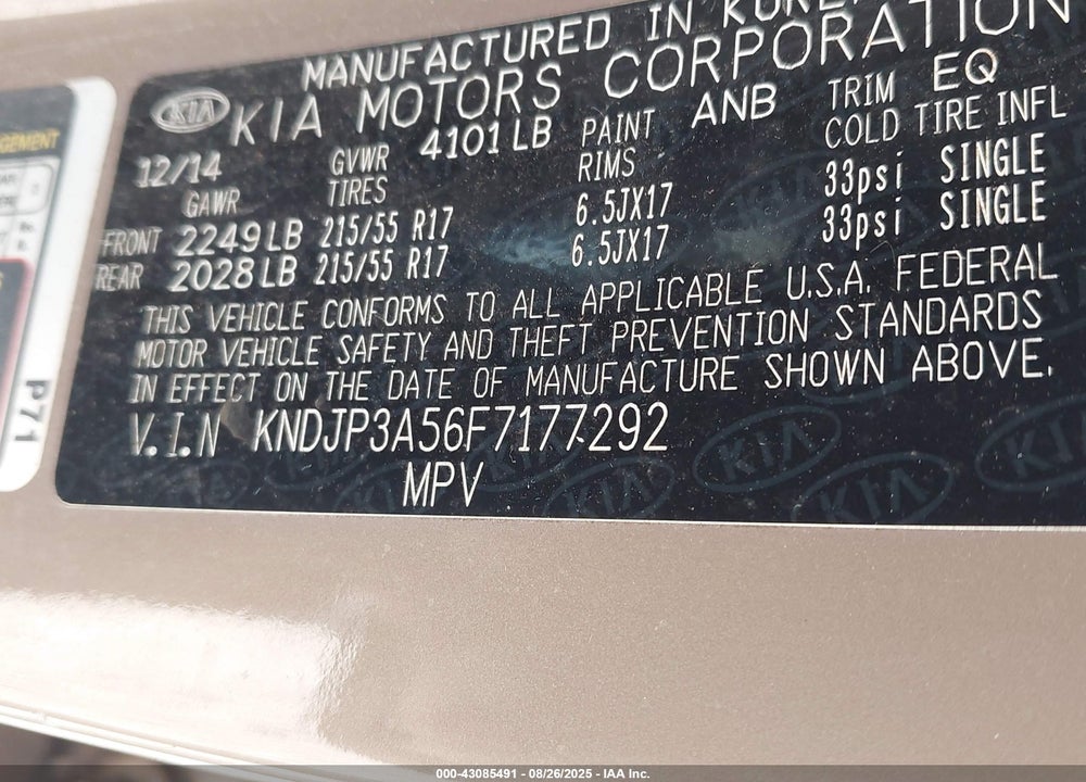 2015 KIA SOUL VIN: KNDJP3A56F7177292