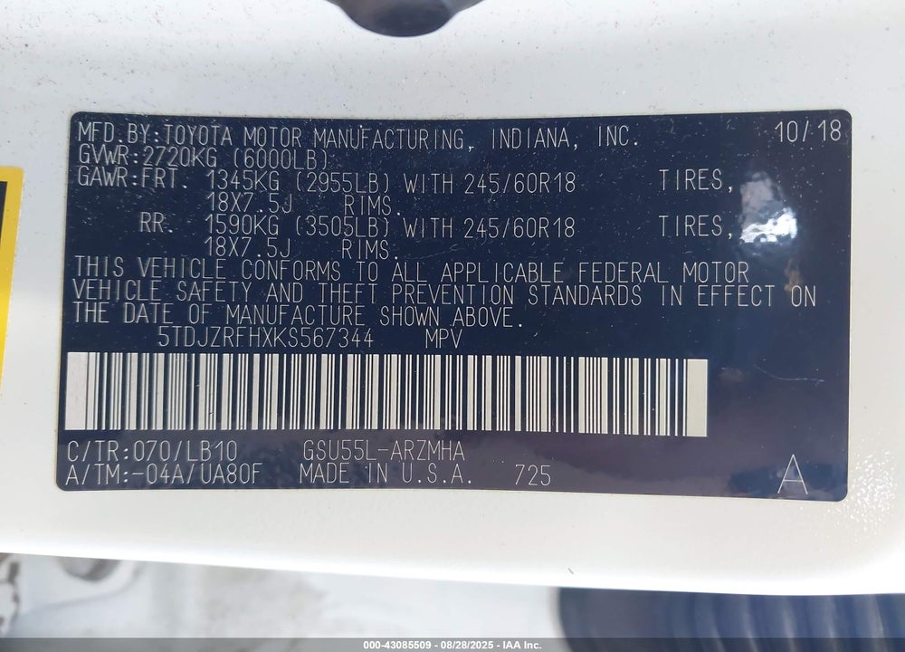 2019 TOYOTA HIGHLANDER SE/XLE VIN: 5TDJZRFHXKS567344