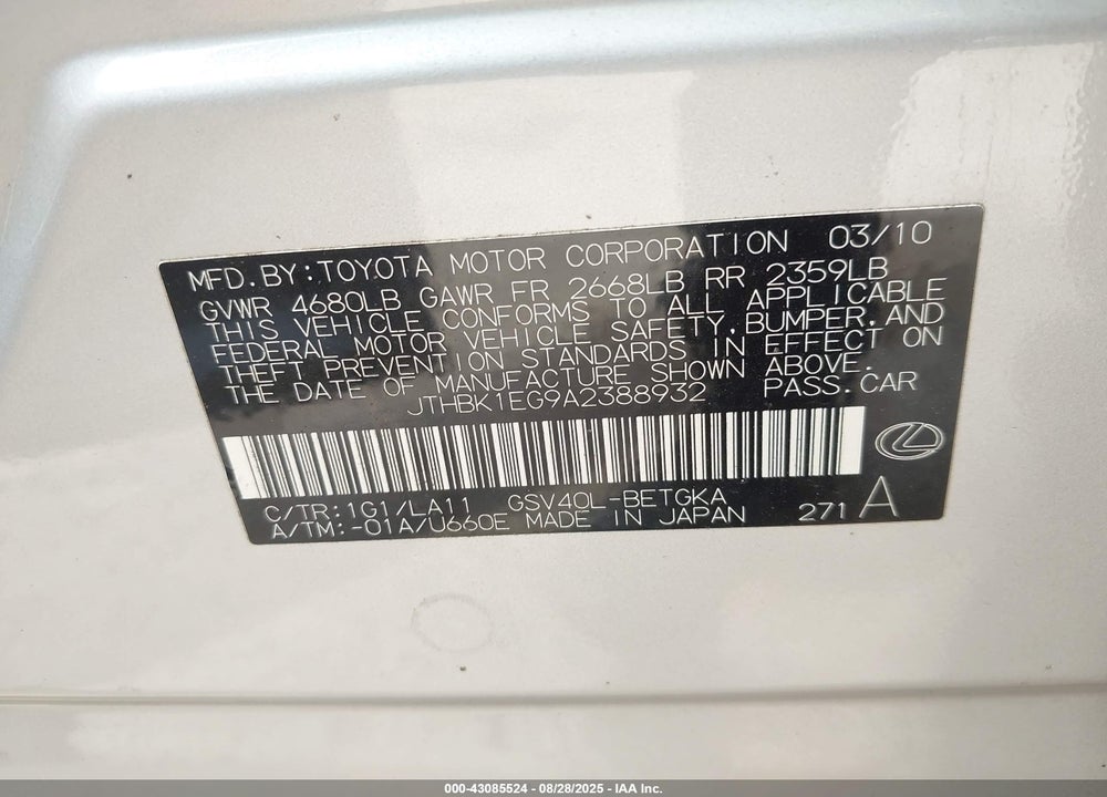 2010 LEXUS ES 350 VIN: JTHBK1EG9A2388932