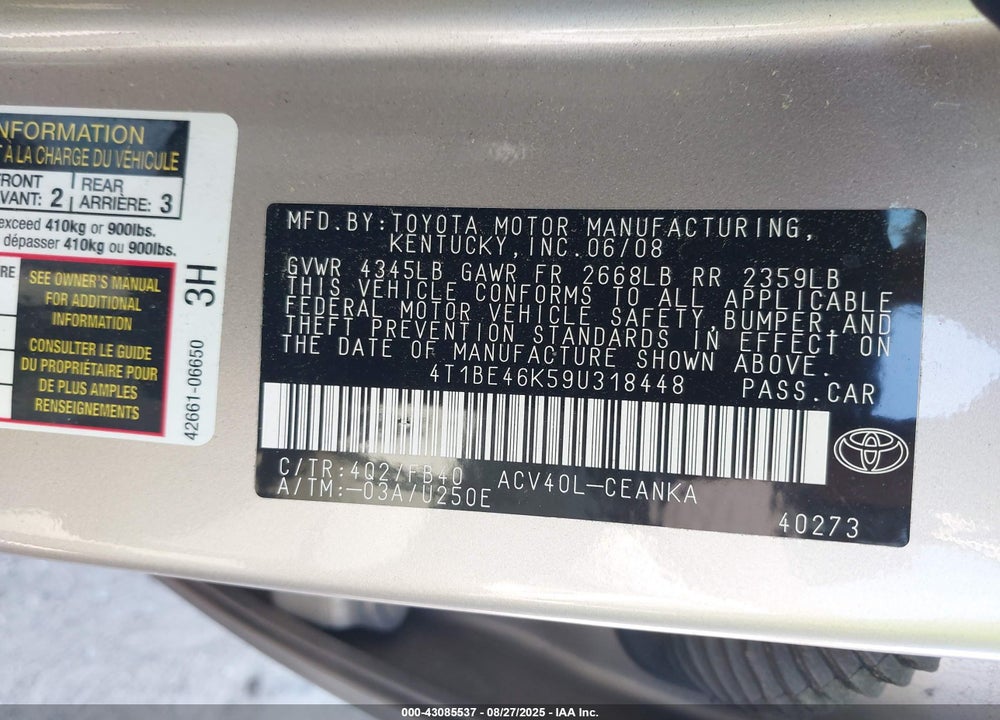 2009 TOYOTA CAMRY VIN: 4T1BE46K59U318448
