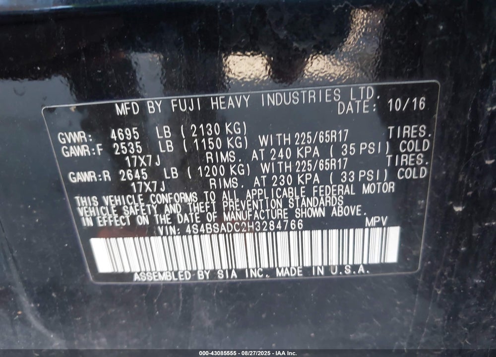 2017 SUBARU OUTBACK 2.5I PREMIUM VIN: 4S4BSADC2H3284766