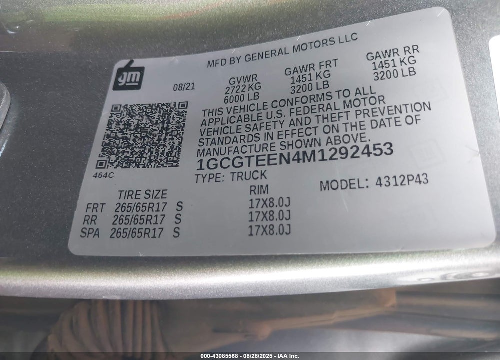 2021 CHEVROLET COLORADO VIN: 1GCGTEEN4M1292453