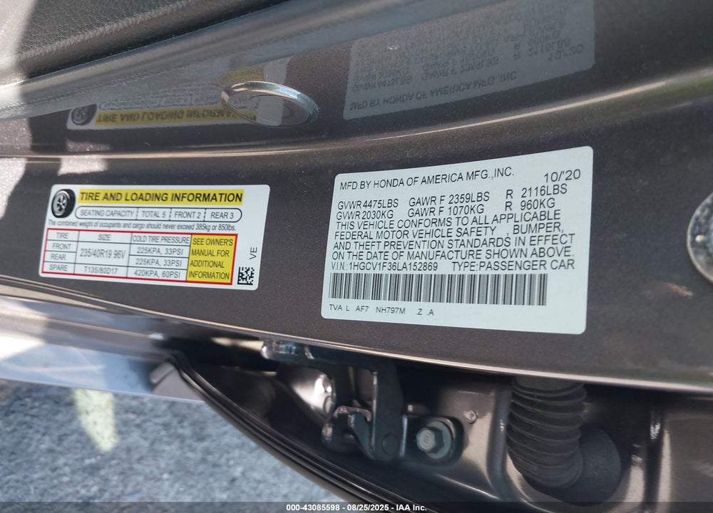 2020 HONDA ACCORD VIN: 1HGCV1F36LA152869
