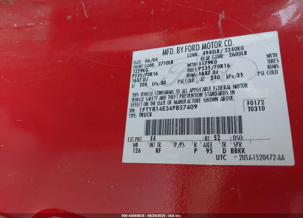 2004 FORD RANGER EDGE VIN: 1FTYR14E34PB57409