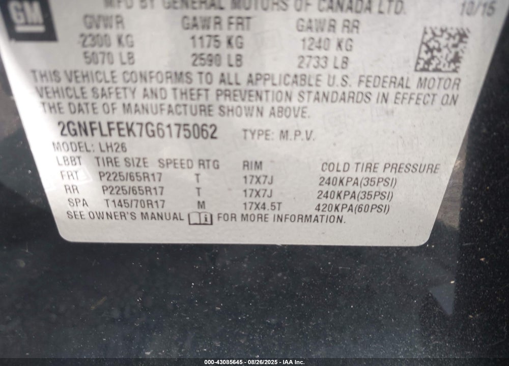 2016 CHEVROLET EQUINOX VIN: 2GNFLFEK7G6175062