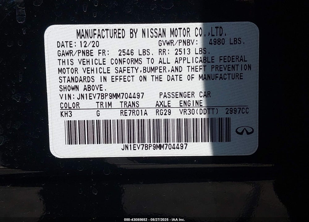 2021 INFINITI Q50 VIN: JN1EV7BP9MM704497