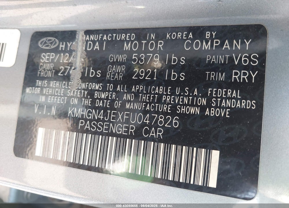 2015 HYUNDAI GENESIS 3.8 VIN: KMHGN4JEXFU047826