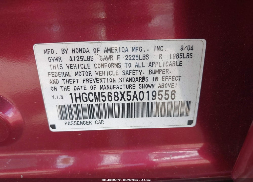2005 HONDA ACCORD 2.4 EX VIN: 1HGCM568X5A019556