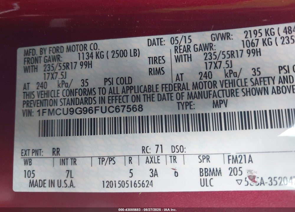 2015 FORD ESCAPE VIN: 1FMCU9G96FUC67568