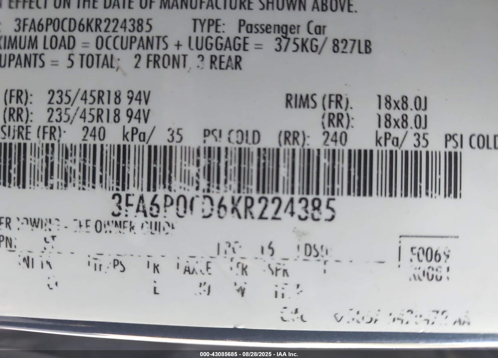 2019 FORD FUSION VIN: 3FA6P0CD6KR224385
