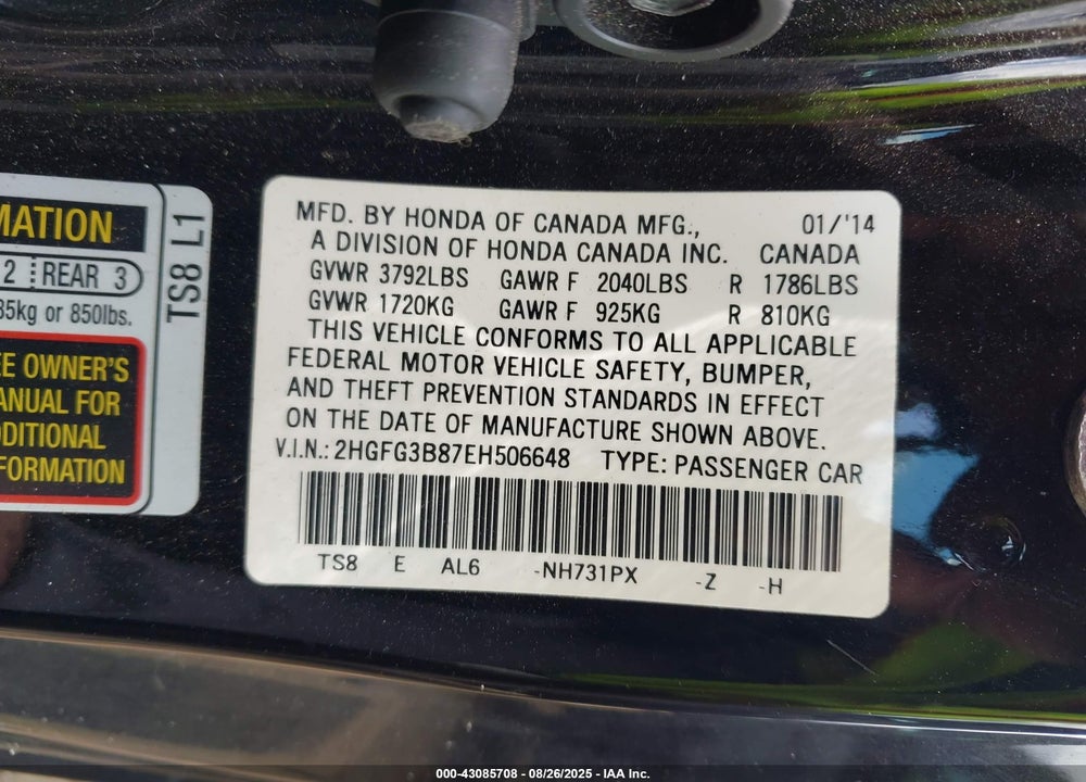 2014 HONDA CIVIC VIN: 2HGFG3B87EH506648
