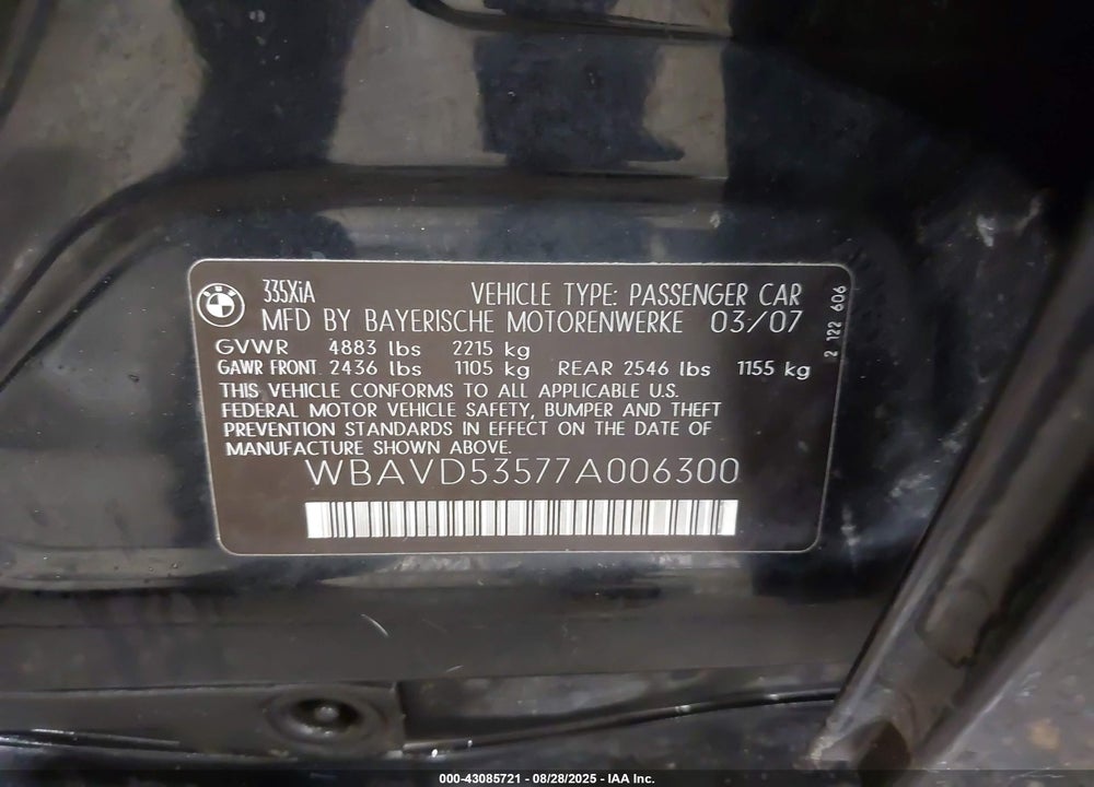2007 BMW 335XI VIN: WBAVD53577A006300