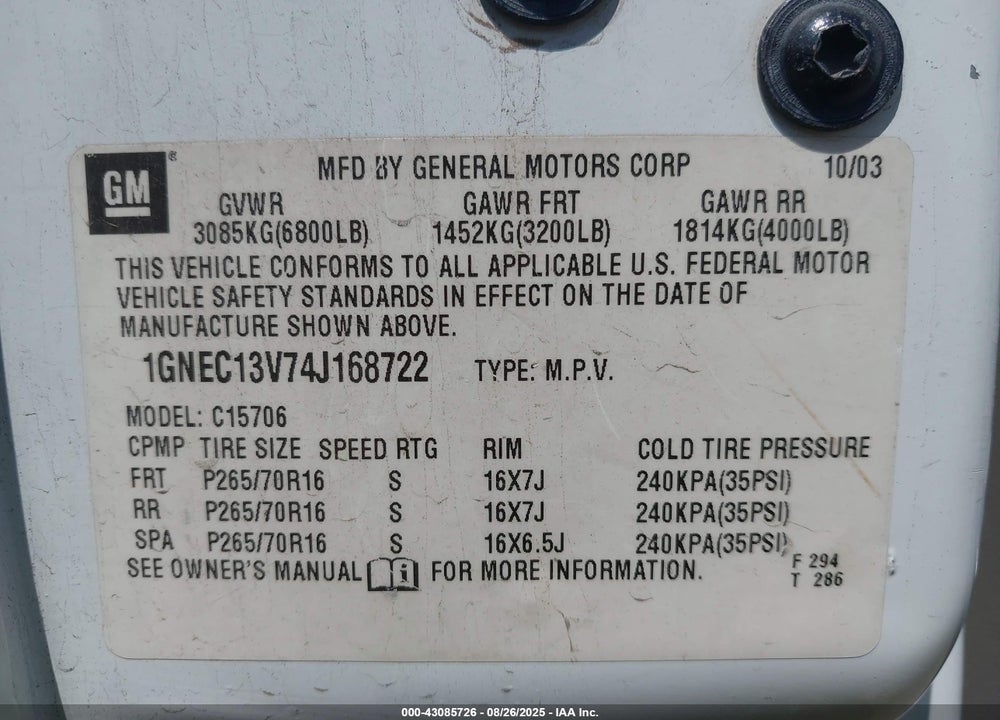 2004 CHEVROLET TAHOE LS VIN: 1GNEC13V74J168722