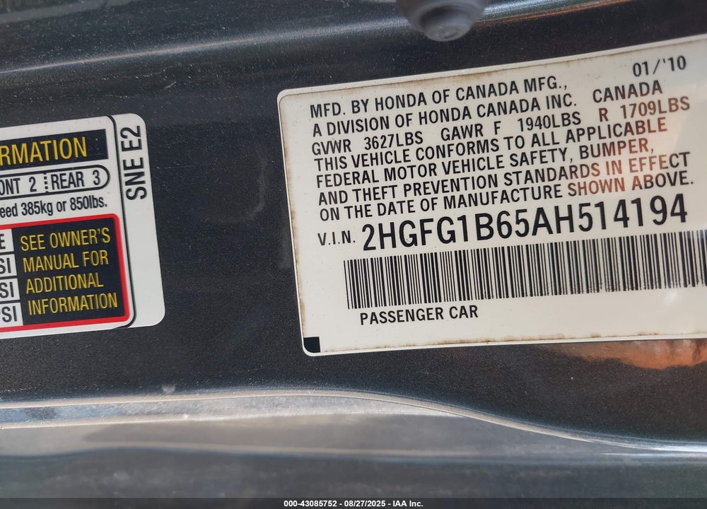 2010 HONDA CIVIC VIN: 2HGFG1B65AH514194