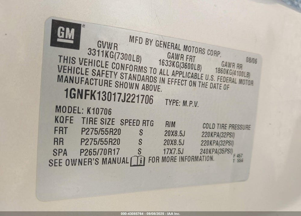 2007 CHEVROLET TAHOE LTZ VIN: 1GNFK13017J221706
