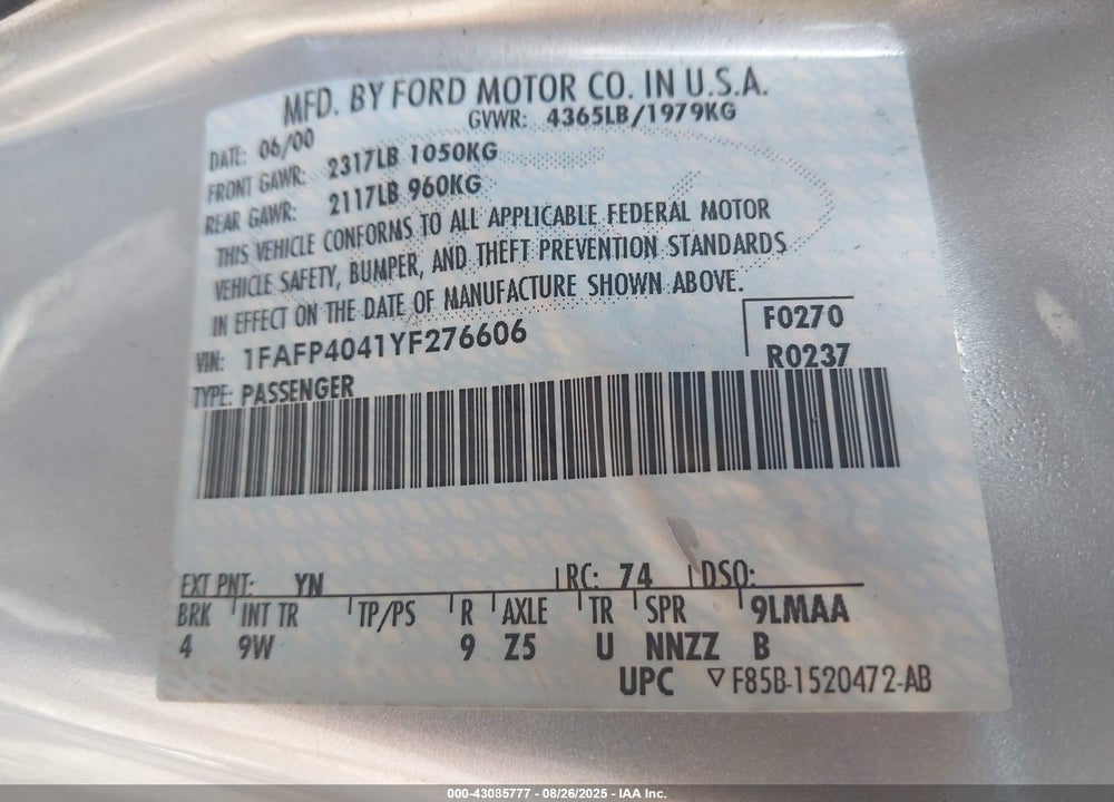 2000 FORD MUSTANG VIN: 1FAFP4041YF276606