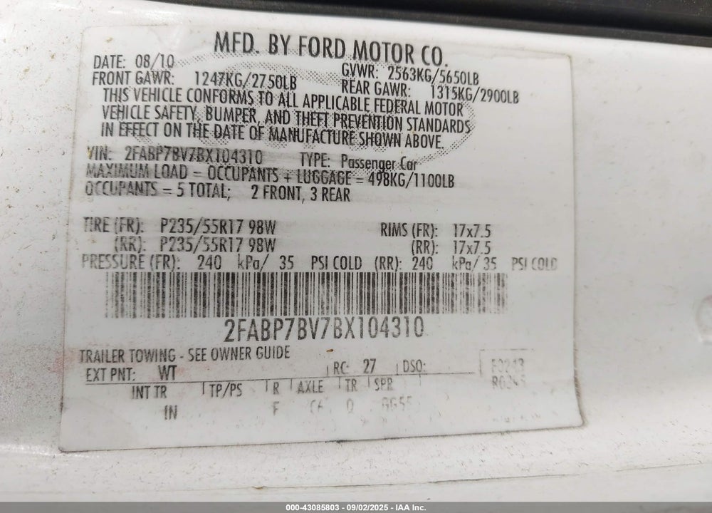 2011 FORD CROWN VICTORIA VIN: 2FABP7BV7BX104310