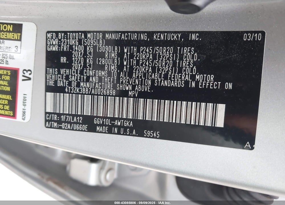 2010 TOYOTA VENZA VIN: 4T3ZK3BB7AU026898
