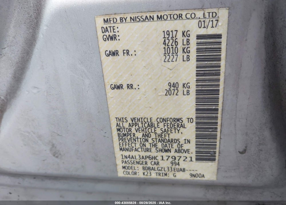2017 NISSAN ALTIMA VIN: 1N4AL3AP6HC179721