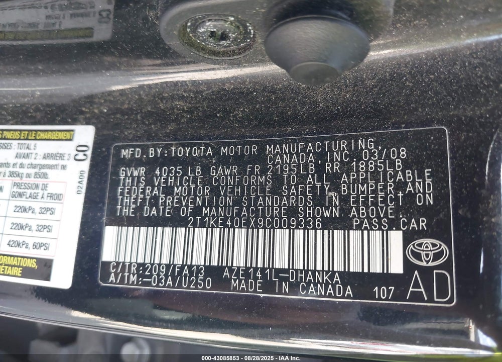 2009 TOYOTA MATRIX S VIN: 2T1KE40EX9C009336