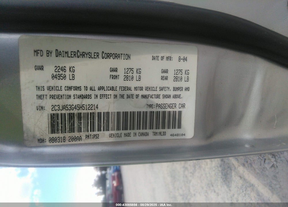 2005 CHRYSLER 300 TOURING VIN: 2C3JA53G45H512214