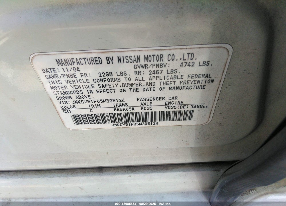2005 INFINITI G35X VIN: JNKCV51F05M305124