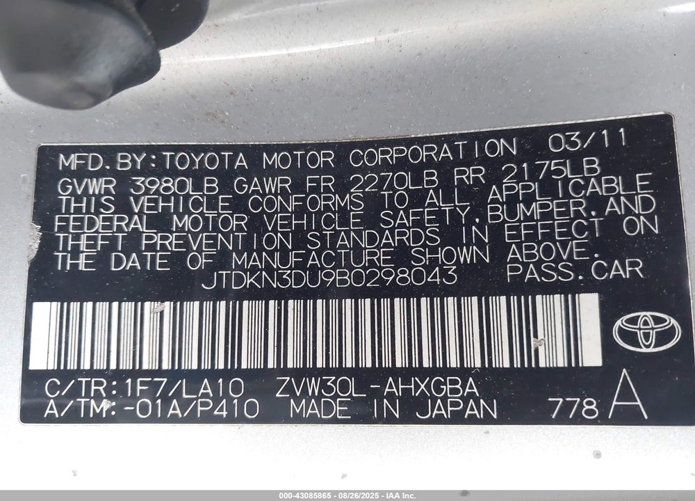 2011 TOYOTA PRIUS VIN: JTDKN3DU9B0298043