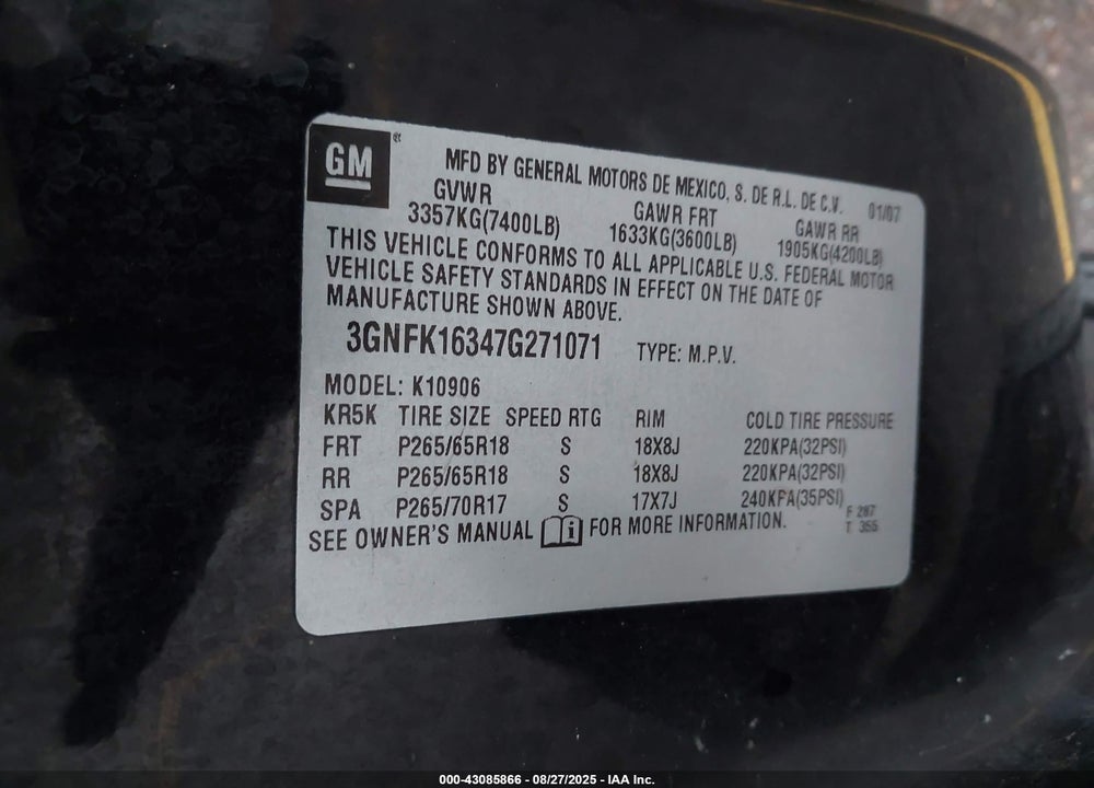 2007 CHEVROLET SUBURBAN 1500 LT VIN: 3GNFK16347G271071