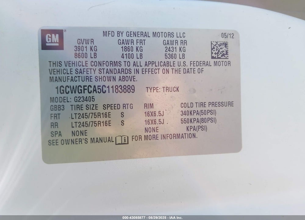 2012 CHEVROLET EXPRESS 2500 VIN: 1GCWGFCA5C1183889