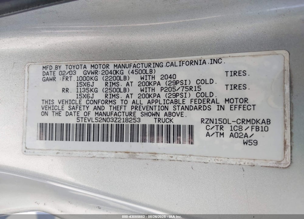 2003 TOYOTA TACOMA VIN: 5TEVL52N03Z218253