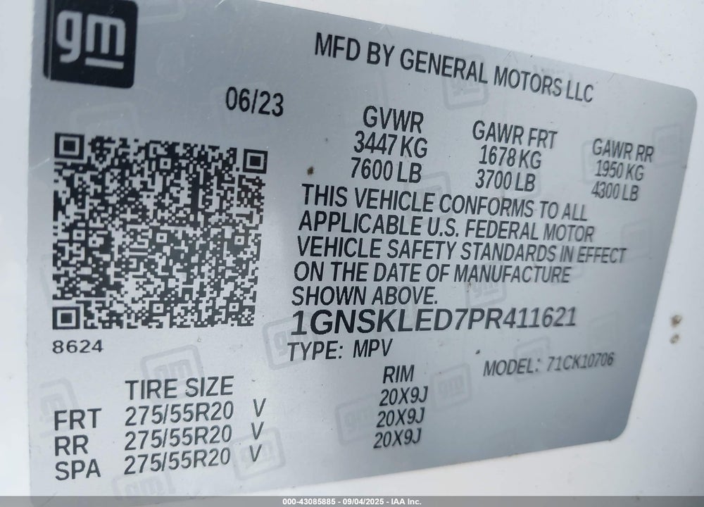 2023 CHEVROLET TAHOE VIN: 1GNSKLED7PR411621