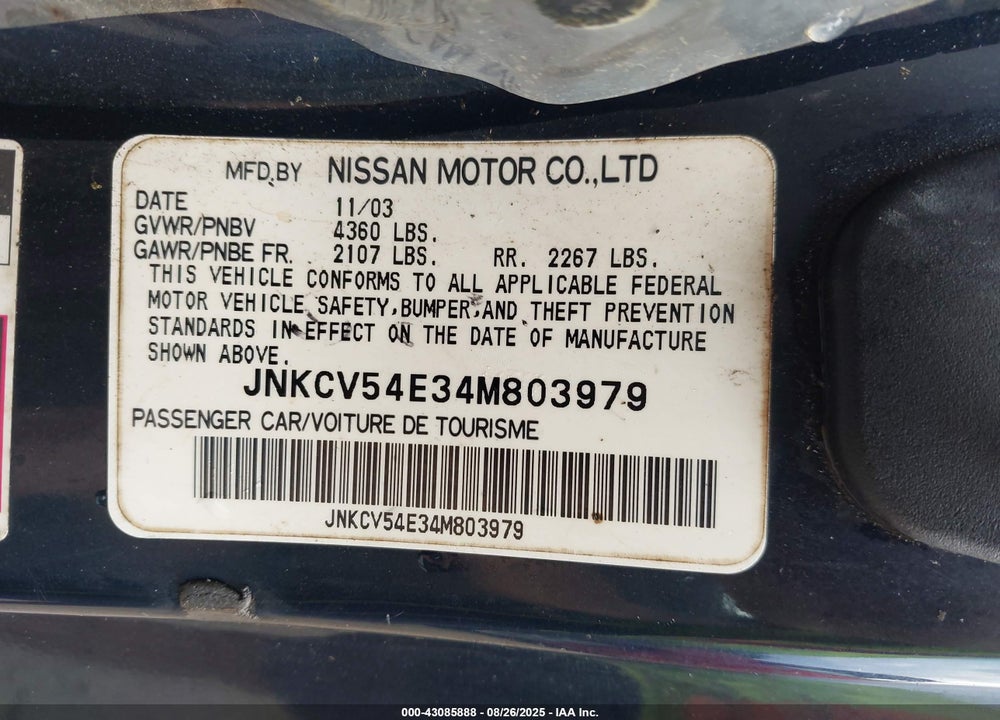 2004 INFINITI G35 VIN: JNKCV54E34M803979