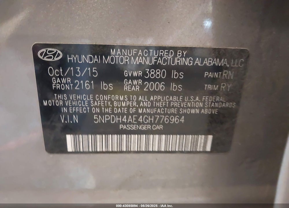 2016 HYUNDAI ELANTRA VIN: 5NPDH4AE4GH776964