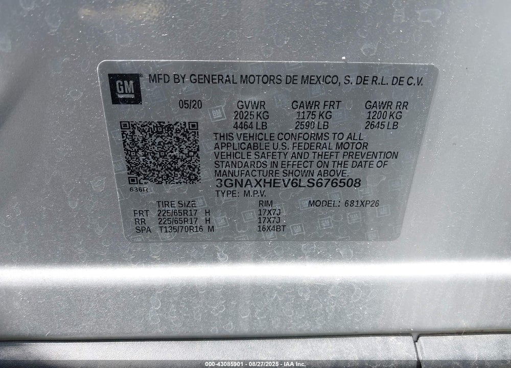 2020 CHEVROLET EQUINOX VIN: 3GNAXHEV6LS676508