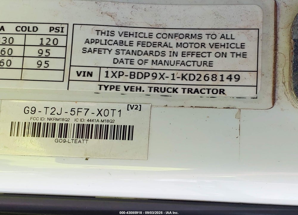 2019 PETERBILT 579 VIN: 1XPBDP9X1KD268149