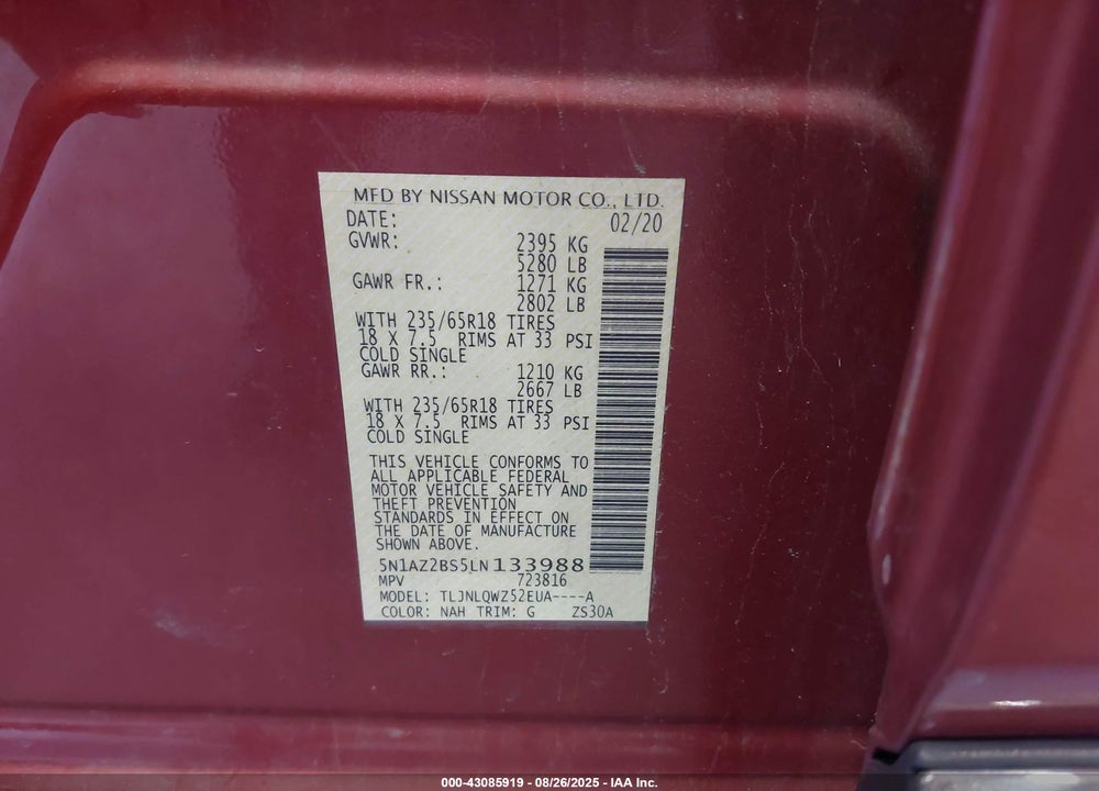 2020 NISSAN MURANO VIN: 5N1AZ2BS5LN133988