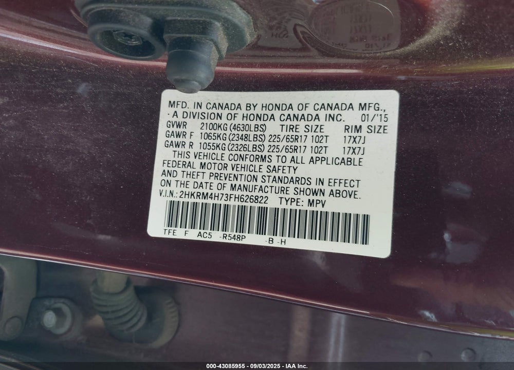 2015 HONDA CR-V EX-L VIN: 2HKRM4H73FH626822
