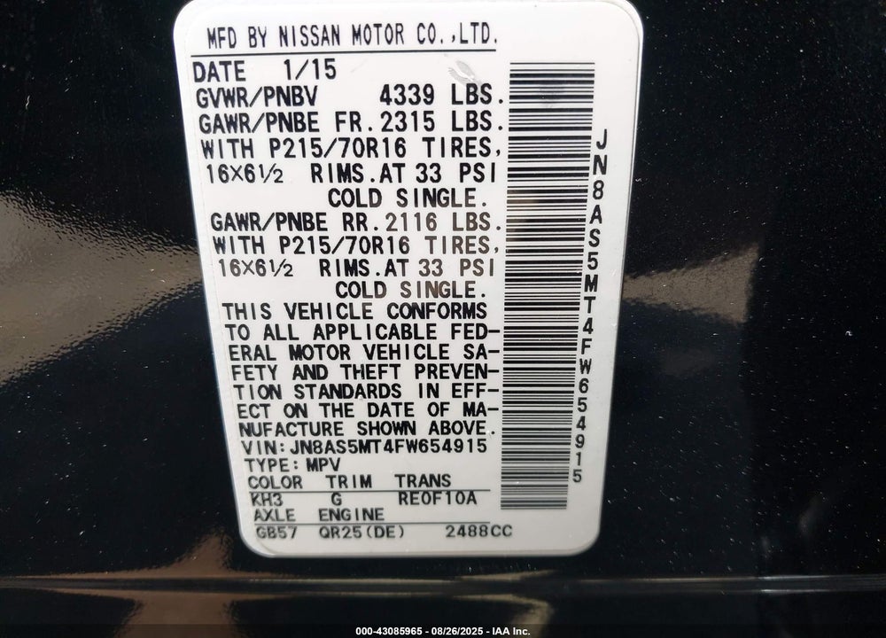 2015 NISSAN ROGUE VIN: JN8AS5MT4FW654915