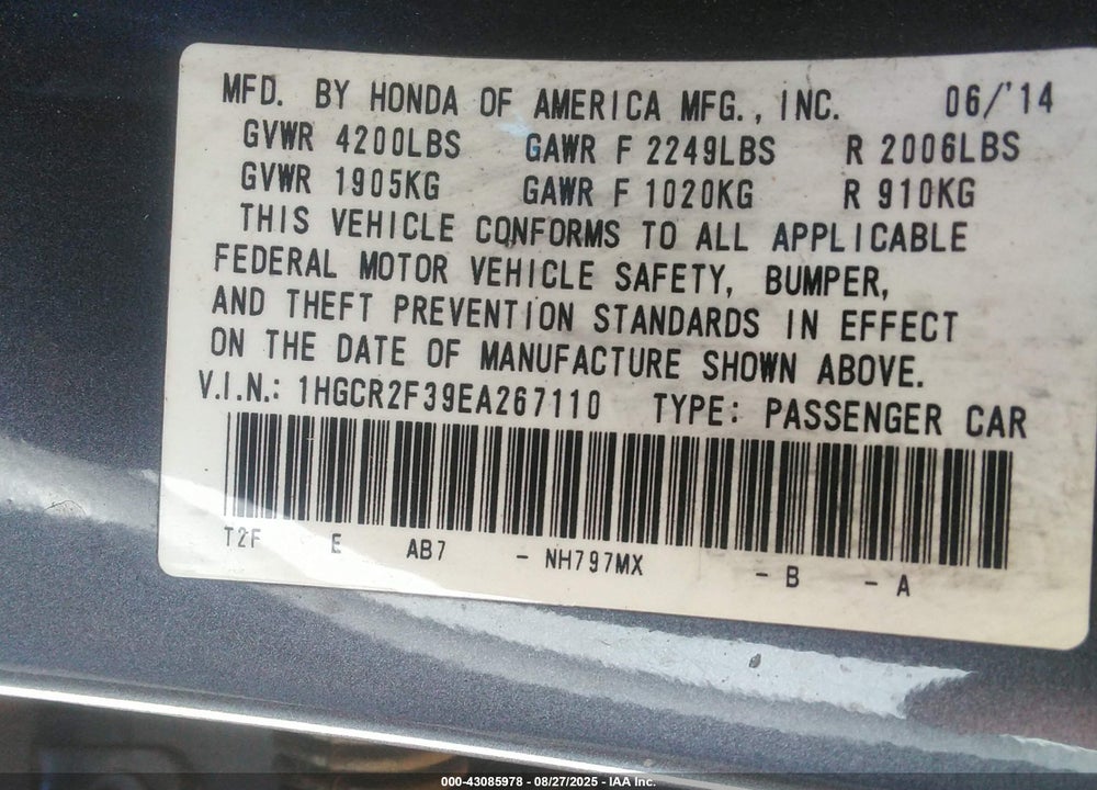 2014 HONDA ACCORD VIN: 1HGCR2F39EA267110