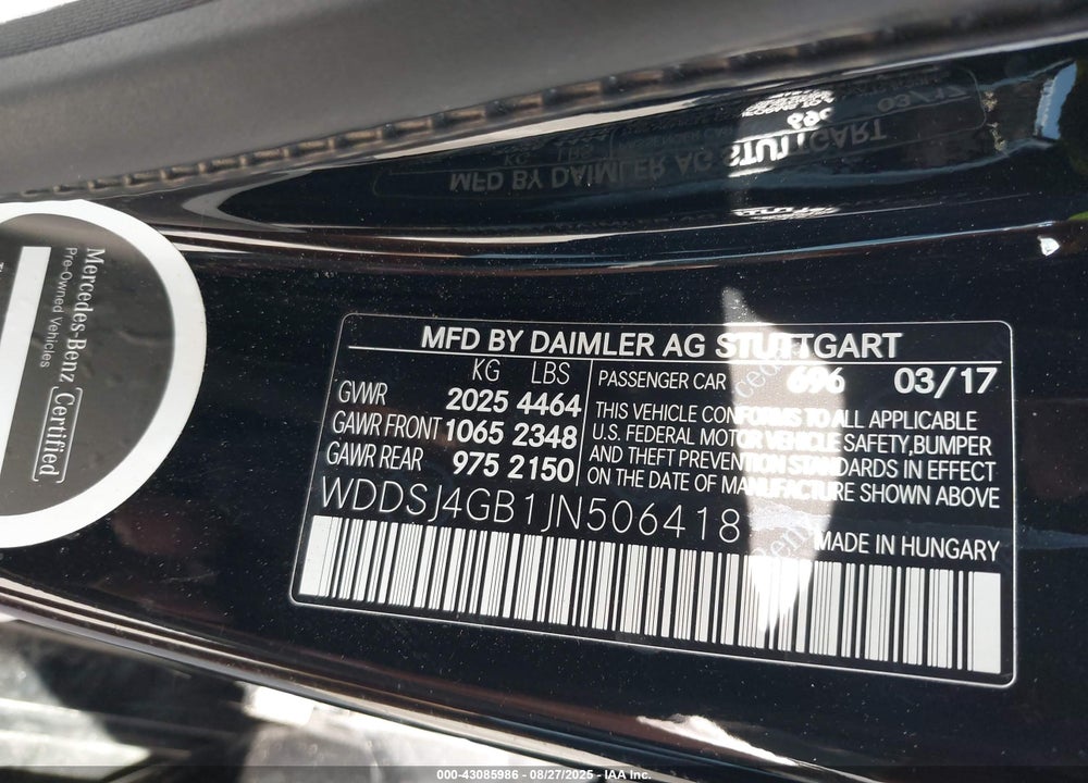 2018 MERCEDES-BENZ CLA-CLASS VIN: WDDSJ4GB1JN506418