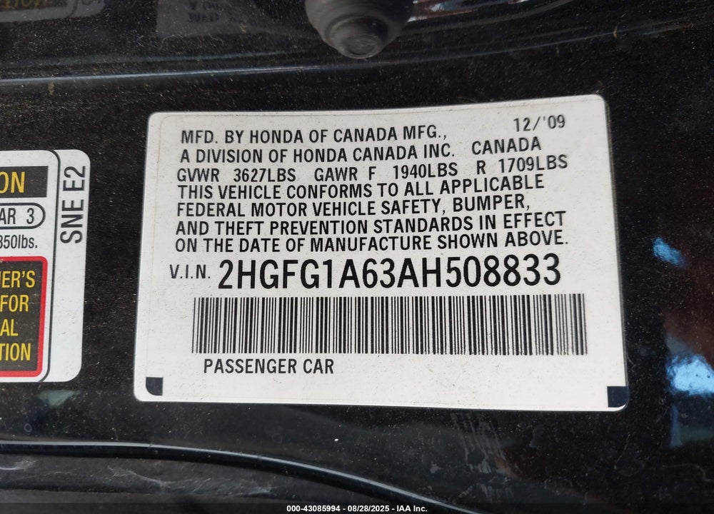 2010 HONDA CIVIC VIN: 2HGFG1A63AH508833