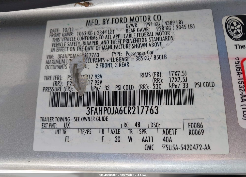 2012 FORD FUSION VIN: 3FAHP0JA6CR217763