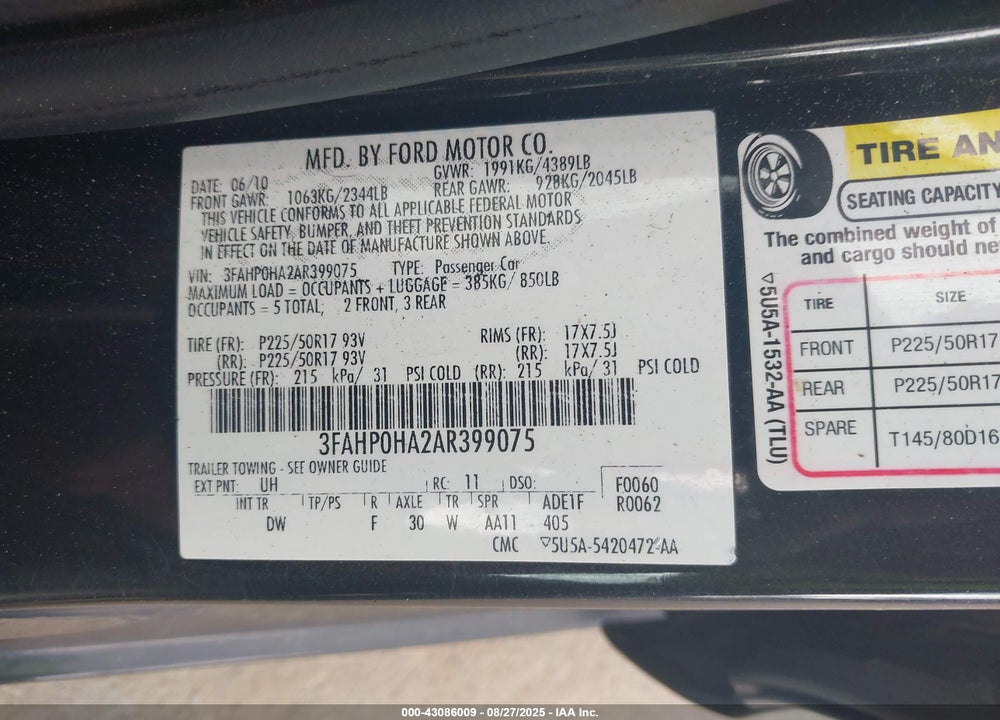 2010 FORD FUSION SE VIN: 3FAHP0HA2AR399075