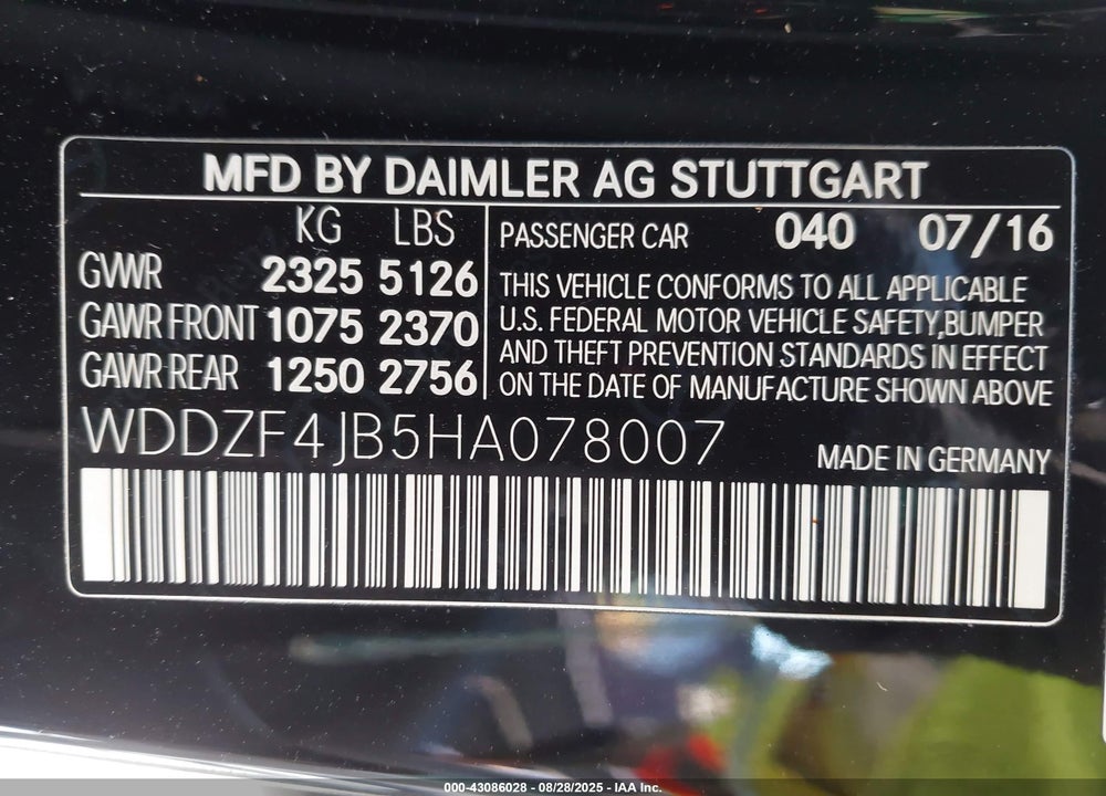 2017 MERCEDES-BENZ E 300 VIN: WDDZF4JB5HA078007