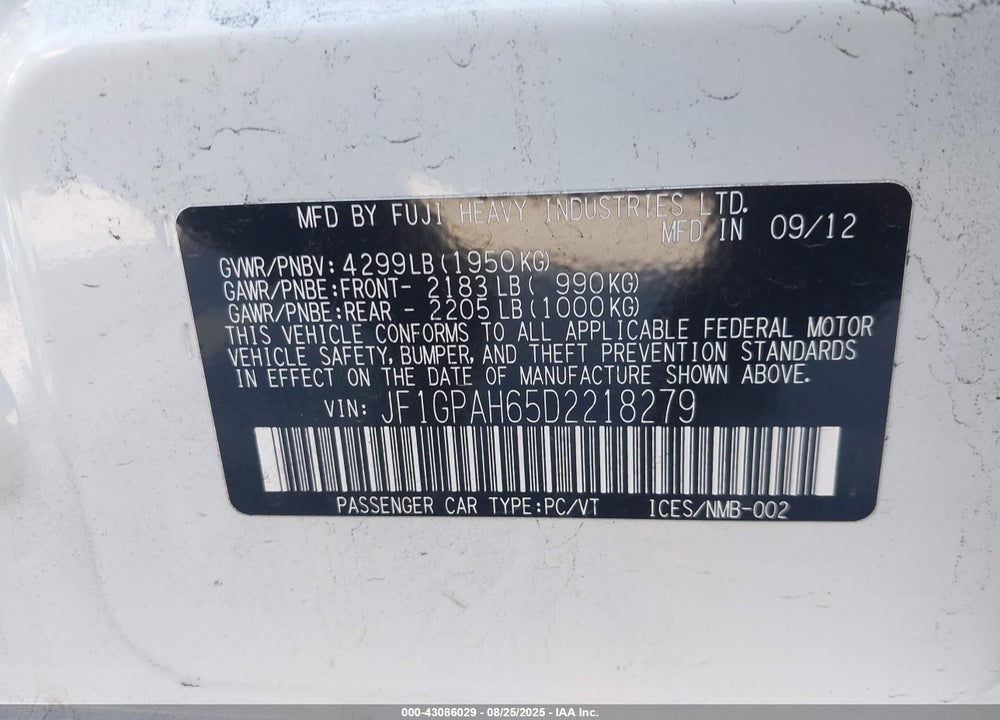 2013 SUBARU IMPREZA 2.0I LIMITED VIN: JF1GPAH65D2218279