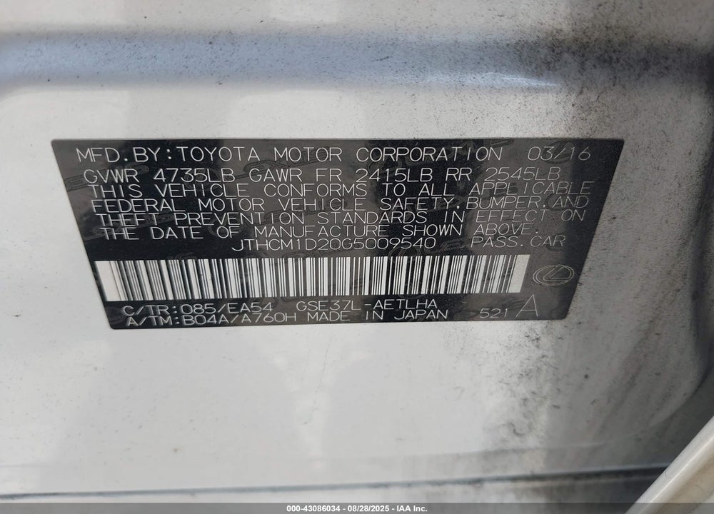 2016 LEXUS IS 300 VIN: JTHCM1D20G5009540