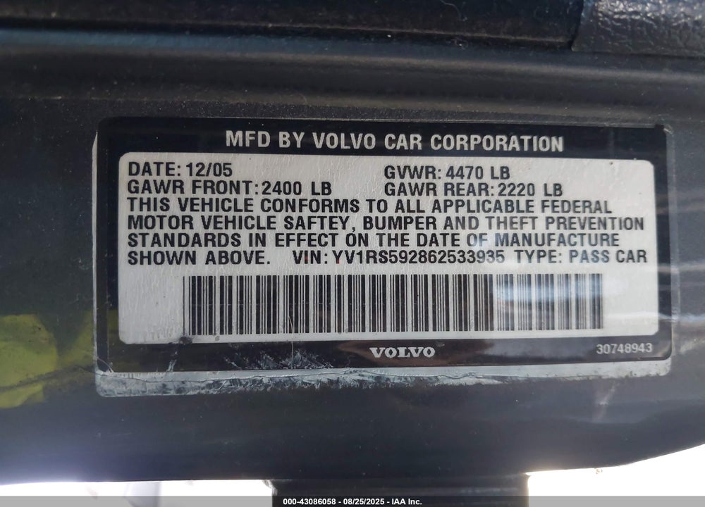2006 VOLVO S60 2.5T VIN: YV1RS592862533935