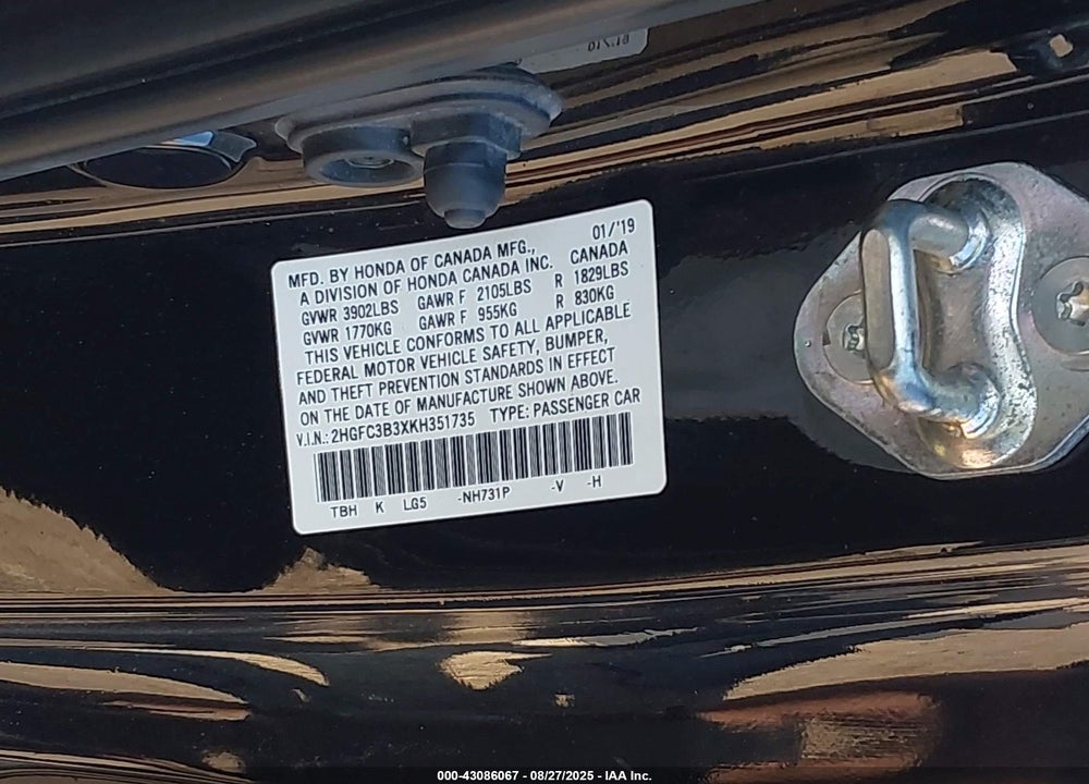 2019 HONDA CIVIC VIN: 2HGFC3B3XKH351735